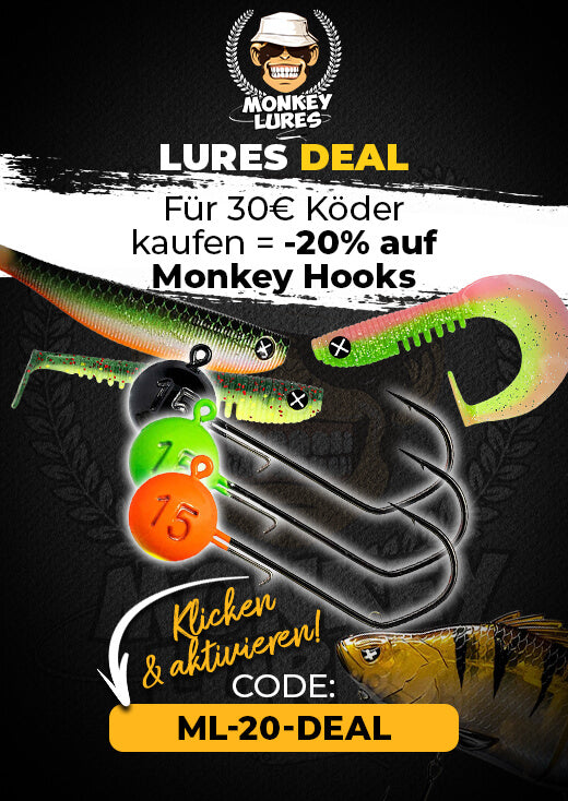 Deal auf Monkey Lures Köder. Für 30€ Köder kaufen und 20% Rabatt auf Monkey Hooks erhalten